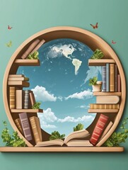Bookshelf with Globe View and Open Book Represents Learning Concept