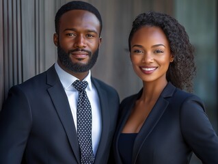 Professional African American Couple in Business Attire: Confident, Diverse Teamwork Portrait in Urban Background
