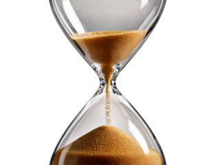 Transparent PNG format realistic glass hourglass with flowing sand high resolution isolated time measurement countdown classic object transparent reflection antique timer clock minute.

