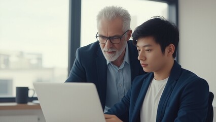 Experienced Mentor Guiding Young Colleague on Laptop Project in Modern Office.