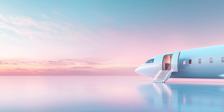 A luxurious rich modern private jet airplane with open door and stairs leading to the cabin 