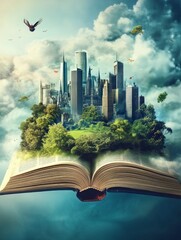 Fototapeta premium City Emerging From Open Book Surrounded by Nature and Cloudy Sky