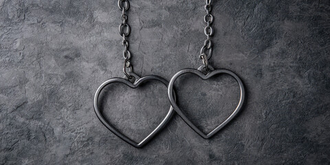 Heart-Shaped Metal Handcuffs. Creative concept of love with a prisoner, abusive relationships and jealousy crimes.