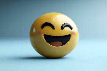 Fototapeta premium A rendered smiling yellow emoji expression on a light blue background