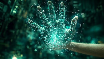 Human Hand Outstretched Displaying Holographic Digital Information Overlay
