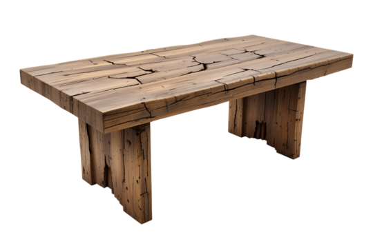 Unique rustic wooden table design artisan workshop furniture showcase natural aesthetic close-up, isolated on white or transparent background