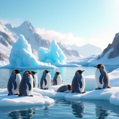 Obraz premium charming penguin colony icy coastal landscape serene seascape frozen shores nature wildlife habitat, ice, snow, animal, ecosystem, rock, horizon, drift, ocean