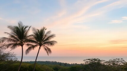 Fototapeta premium Pastel Sunset Over Calm Ocean with Silhouetted Palm Trees