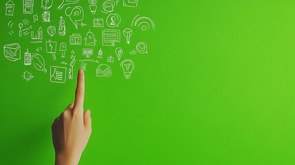 Hand pointing at sketched icons on green background