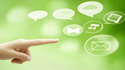 Hand pointing at technology icons on green background