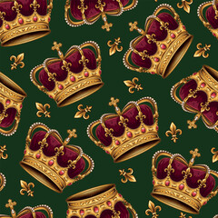 Vintage seamless pattern with golden imperial crown, fleur de lis sign. Chaotic scattered objects on dark green background. Luxury kitsch style. © OA_Creation