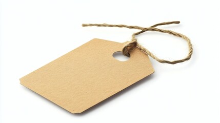 Blank 3D kraft tag tied with twine, isolated on white background. Empty shopping tag template with clipping paths.