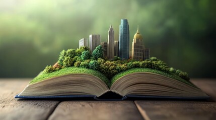 Fototapeta premium Cityscape Emerging From Open Book Representing Urban Greening and Sustainability