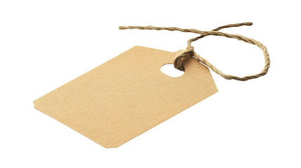 Blank 3D kraft tag tied with twine, isolated on white background. Empty shopping tag template with clipping paths.