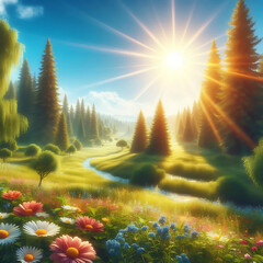 Field with yellow dandelions and blue sky