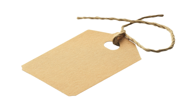 Blank 3D kraft tag tied with twine, isolated on white background. Empty shopping tag template with clipping paths.