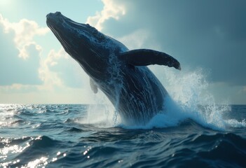 Naklejka premium majestic whale breaching ocean surface splashing water dramatic nature beauty marine wildlife, input, sea, creature, animal, environment, migration, current