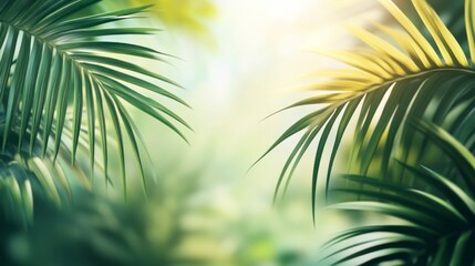 Fototapeta premium Palm Leaves Foreground Framing Soft Light Through Green Tropical Background