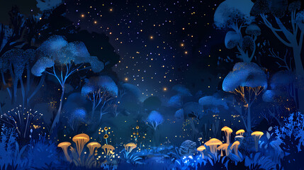 Enchanting luminescent mushroom forest under starry night sky. Luminescent Spores. Illustration