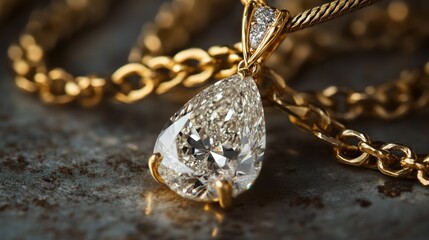 Pear-shaped diamond pendant on gold chain.