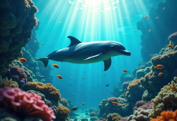 underwater dolphin swimming vibrant coral reef ocean colorful marine life aquarium exploration, reeffish, lively, tropical, sea, blue, scuba, diving, nature