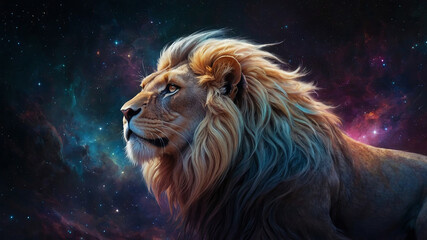 Naklejka premium Majestic lion gazing into the cosmic depths during a vibrant cosmic night