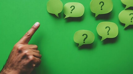 Hand points at questions on green, answers, solution