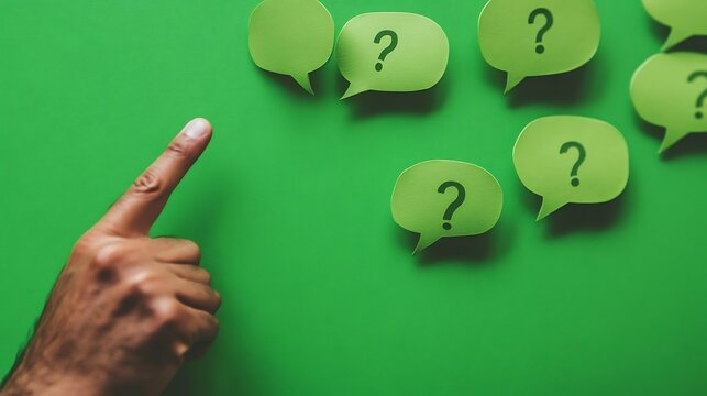 Hand points at questions on green, answers, solution