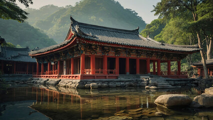 Fototapeta premium Traditional Asian architecture nestled by serene waters and surrounded by lush mountains in the early morning light