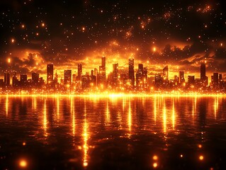 Illuminated cityscape reflecting in tranquil water under a starry sky