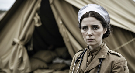 Fototapeta premium Wartime nurse in a military camp shows compassion and resilience during a challenging time