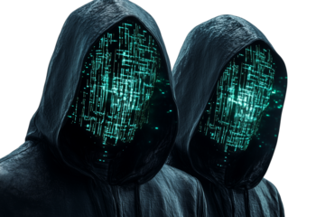 Black hooded hacker with binary code isolated on transparent background