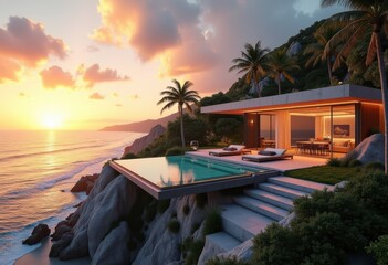 Fototapeta premium luxury beach house ocean sunset view modern architecture serenity relaxation coastal retreat, interior, design, silhouette, water, deck, pool, sky, landscape