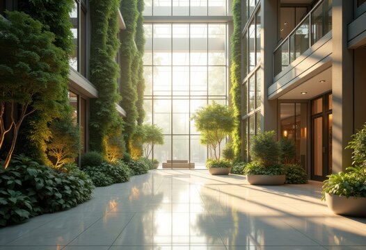 light filled atrium interior contemporary architecture open space modern design natural illumination vertical gardens glass elements, input, indoor, building