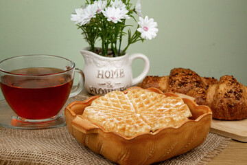 Homemade pastries. Waffle with coffee. Homemade dessert