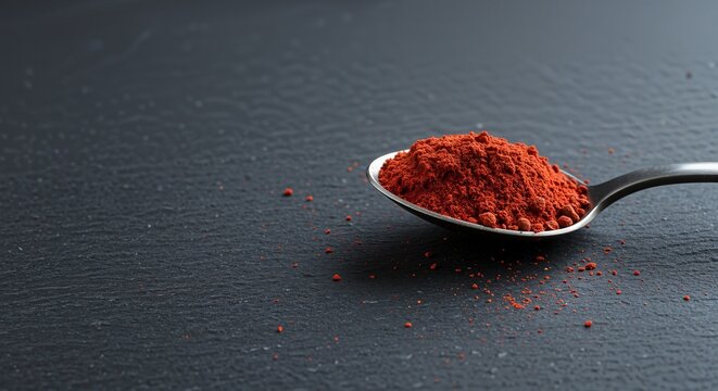 Red spice powder in a tablespoon creating an inviting culinary atmosphere highlighting texture and warmth against a dark background