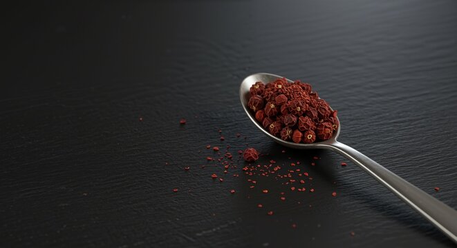 Spoonful of vibrant red spices resting on a dark surface, evoking a sense of richness and culinary excitement, symbolizing flavor enhancement and culinary creativity