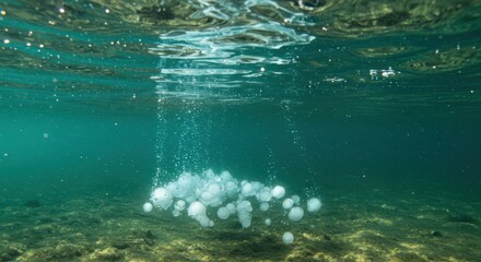 Obraz premium Floating Spheres Underwater with Bubbles Rising in Teal Ocean Scene