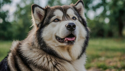 Close-up portrait of an adorable Alaskan Malamute sitting outside, looking around and into the camera