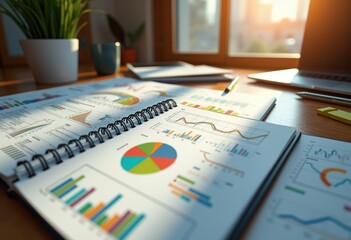 open notebook financial graphs pens office supplies analysis business planning data visualization, paper, charts, workspace, statistics, written, document