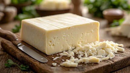 Fresh cheese block, sliced and grated