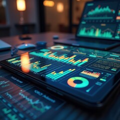vibrant colorful data visualization displayed digital tablet graphs charts infographics optimizing information representation, screen, analytics, statistics