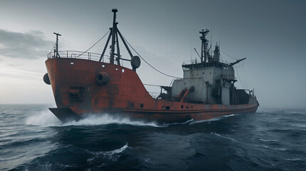 Rusting cargo ship navigates rough seas under cloudy sky near the coastline at twilight