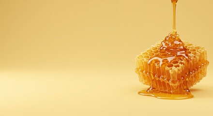 Golden honeycomb dripping with sweet honey exudes a warm and inviting vibe, showcasing its natural allure against a soft yellow background.