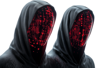 Black hooded hacker with binary code isolated on transparent background
