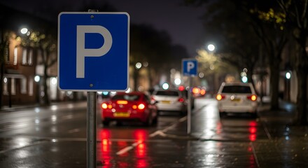 Parking sign at night on rainy street with cars and reflections. Blue P signs with wet asphalt, city lights. Urban transportation. City navigation, parking, night driving safety. Horizontal banner