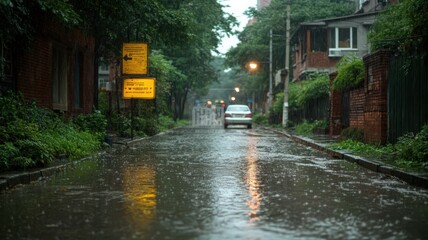 Obraz premium Rainy Residential Street Scene at Night