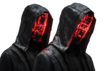 Black hooded hacker with binary code isolated on transparent background