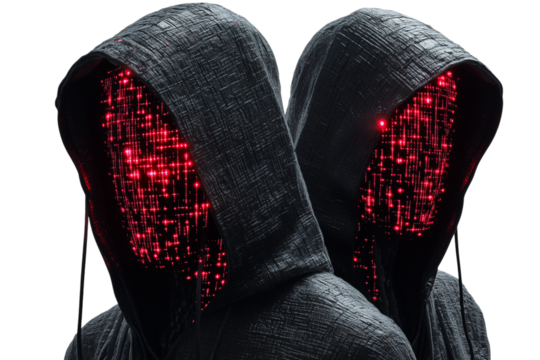 Black hooded hacker with binary code isolated on transparent background