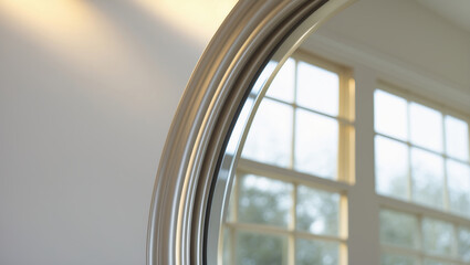 Fototapeta premium Curved silver mirror reflecting natural light in a modern room with large windows